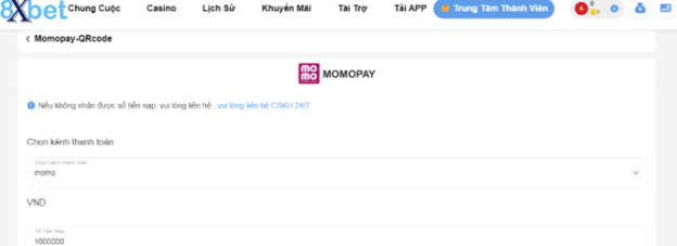 Hướng dẫn nạp tiền 8xbet qua ví điện tử bằng cách quét mã QR Momo