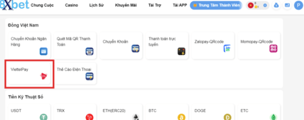 Hướng dẫn nạp tiền 8xbet qua ViettelPay bằng mã QR